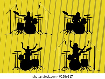 Drum player silhouettes illustration collection background vector