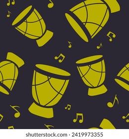 Drum for playing music and compositions. Skin covered goblet for making beats and adding rhythms to songs with musical notes. Seamless pattern print, background or wallpaper. Vector in flat style