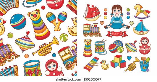 Drum, Pyramid, children's beach balls, Percussion, yellow duck for swimming, cubes, horn, doll, cubes, boat, train, bundle, tumbler, Peg to, roly poly,Humming top - Children's toy. Elements, seamless