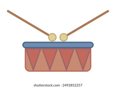 Drum with red and orange triangles and two drumsticks