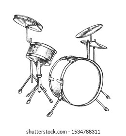 Drum Rhythm Musical Instrument Monochrome Vector. Music Concert Element Rhythmic Drum. Rock Festival Drummer Tool Engraving Concept Mockup Designed In Vintage Style Black And White Illustration