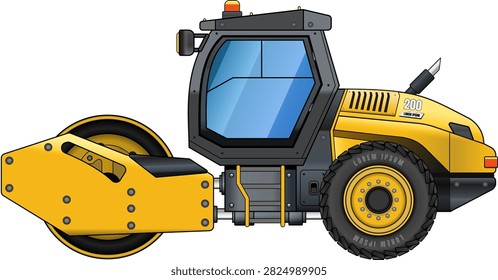 Drum roller side view vector illustration featuring a heavy construction vehicle with large compacting drums and industrial machinery details. Isolated on a transparent background, suitable for road construction, engineering, and heavy equipment projects.