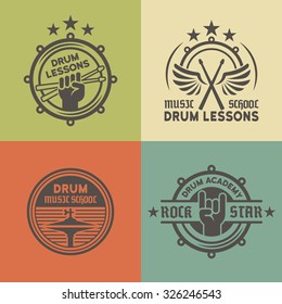 Drum school or academy, drum lessons set of vector vintage colored labels, badges, emblems