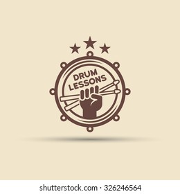 Drum school isolated vector round label, badge, emblem, fist hand with drumsticks