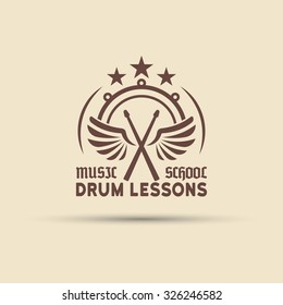 Drum school isolated vector round label, badge, emblem, wings with drumsticks