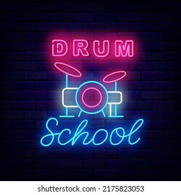 Drum school neon label on brick wall. Drum kit icon. Shiny signboard. Light advertising. Music rock school logo. Outer glowing effect. Editable stroke. Vector stock illustration