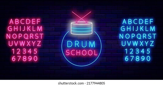 Drum school neon label on brick wall. Drum kit in circle frame. Shiny blue and pink alphabet. Light promotion sign. Rock music education logo. Outer glowing effect. Vector stock illustration