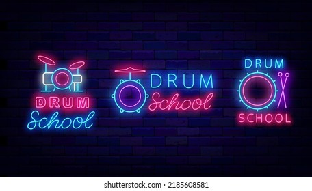 Drum school neon labels collection. Music education signs set on brick wall. Drum kit icon. Shiny signboard. Light advertising. Rock school logo. Outer glowing effect. Vector stock illustration