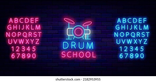 Drum School Neon Signboard. Drum Kit Icon. Shiny Blue And Pink Font. Light Advertising. Music School Logo. Outer Glowing Effect Poster. Vector Stock Illustration