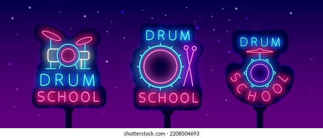 Drum school neon street billboards collection. Music education labels set. Luminous advertising. Drum kit icon. Shiny signboard. Light banner. Rock school logos pack. Vector stock illustration