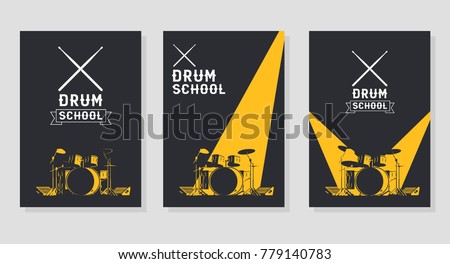 Drum School Poster Concepts. Crossed Drumsticks Emblem. Heavily Lighted Drum Kit on Stage. 