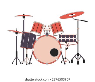 Drum set 2D linear cartoon object. Musical percussion instrument isolated line vector element white background. Rehearsal session. Beating rhythm. Rock concert color flat spot illustration