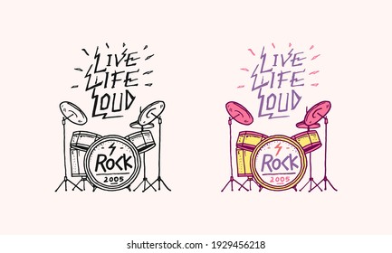 drum set badge. Rock and Roll music logo. Heavy metal template for design t-shirt, night party and festival. Hand drawn Engraved vintage sketch.