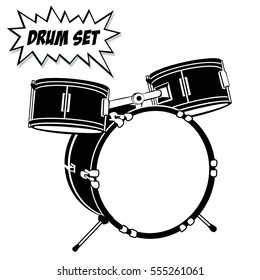 Drum set with basic 3 pcs.
Vector black and white illustration.