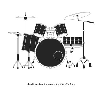 Drum set black and white 2D line cartoon object. Musical percussion instrument isolated vector outline item. Rehearsal session. Beating rhythm. Rock concert monochromatic flat spot illustration