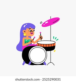 Conjunto de batería con platillo y músico femenino en Ilustración vectorial plana que simboliza la música, el ritmo y la celebración, aislado en el fondo blanco