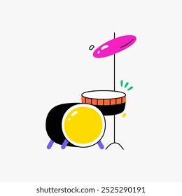 Conjunto de tambor con platillo en Ilustración vectorial plana que simboliza la música, el ritmo y la celebración, aislado sobre fondo blanco