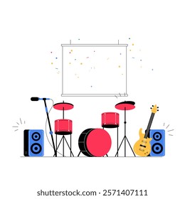 Drum Set With Cymbal And Microphone In Flat Vector Illustration Symbolizing Music, Rhythm, And Celebration, Isolated On White Background.