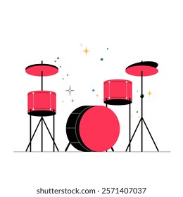 Drum Set With Cymbals In Flat Vector Illustration Symbolizing Music, Rhythm, And Performance, Isolated On White Background