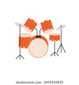 Conjunto de tambor con platillos instrumento musical sobre fondo blanco aislado. Icono de batería. Ilustración vectorial de dibujos animados estilo plano.