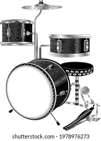 Drum set design with creative henna design Indian style. Music instrument jazz drum set designed with fine design as a black and white clip art symbol. Drum design with floral pattern.