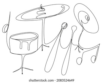 El tambor se pone con palos de tambor una línea sobre un fondo blanco. Ilustración vectorial de instrumentos de percusión. El concepto de un concierto, lecciones en línea, entrenamiento, blog.