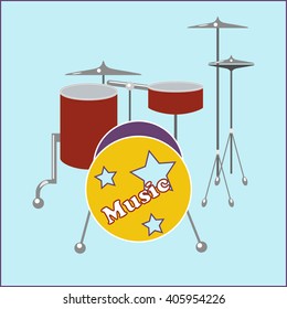 Drum set flat icon on a pale background blue