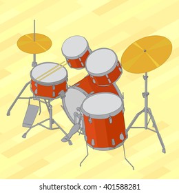 Drum set flat isometric picture. Vector illustration of flat isometric drum kit. Drum set flat isometric design vector illustration on yellow background.