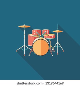 Drum set flat square icon with long shadows.