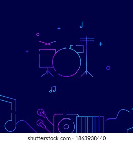 Drum set gradient line vector icon, simple illustration on a dark blue background, music related bottom border.