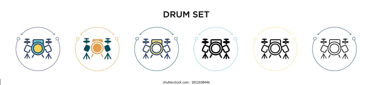 Drum set icon in filled, thin line, outline and stroke style. Vector illustration of two colored and black drum set vector icons designs can be used for mobile, ui, web