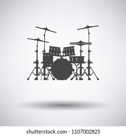 Drum set icon on gray background, round shadow. Vector illustration.