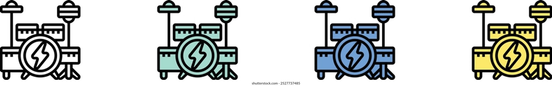 Icono de conjunto de batería. Esquema, diseño de estilo verde, azul y amarillo aislado sobre fondo blanco