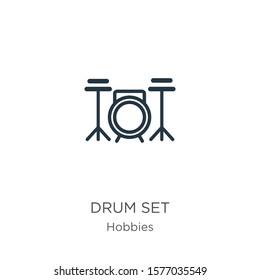 Drum set icon. Thin linear drum set outline icon isolated on white background from hobbies collection. Line vector sign, symbol for web and mobile