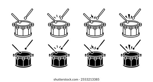 Drum set icons. Linear and silhouette style. Vector icons.