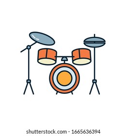 drum set instrument line and fill style icon design, Music sound melody song musical art and composition theme Vector illustration