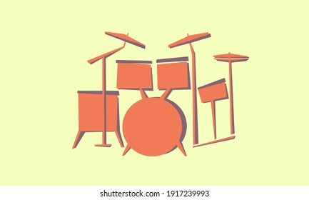 Drum set, kit icon or image isolated. Snare drum, high and middle tom-tom, bass kick. Floor tom. Ride, crash, hi-hat cymbal. Color flat style  stock vector illustration.Musical instruments for drummer