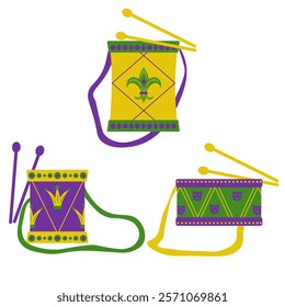 Drum set with Mardi Gras symbols, musical instrument in traditional colors of the holiday for design of flyer, postcard, invitation or poster