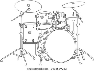 Drum set music instrumental black and white vector line art illustration