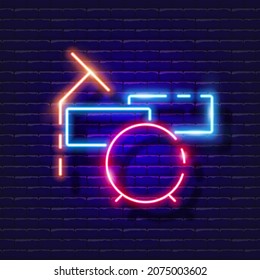 Drum set neon icon. Music glowing sign. Musical instrument concept. Vector illustration for Sound recording studio design, advertising, signboards, vocal studio