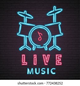 Drum Set Neon Light Glowing Blue and Red Colour. Neon Luminous Signboard, Bright Luminous Banner. Vector Vintage Illustration