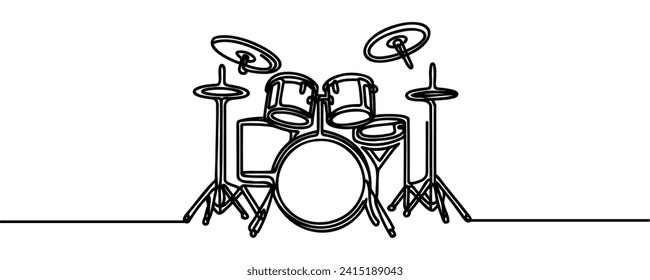 Drum set in one line. Continuous line drawing of drum set.