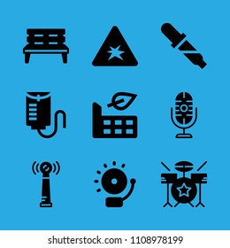 drum set, pipette, microphone, bench, drop counter, antenna, factory, alarm and explosive vector icon. Simple icons set