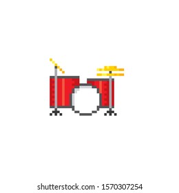 Drum set. Pixel art. 8 bit video game. 8-bit sprite. isolated vector illustration. Design for stickers, logo, embroidery, mobile app.