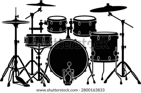 Drum Set Silhouette Illustration with Cymbals Bass Drum and Percussion Instruments Isolated on White Background