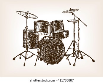 Drum set sketch style vector illustration. Old hand drawn engraving imitation.