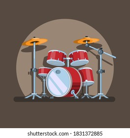 Drum Set In Spotlight, Music Instrument Symbol Concept In Cartoon Illustration Vector