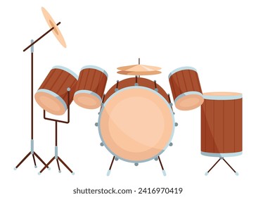 Trommelset, Vektordesign. Drum Kit, flache Vektorgrafik einzeln auf weißem Hintergrund. Trommelset mit Blasmusik. Video-Clip-Art des Trommelsets. Perkussionsinstrumente