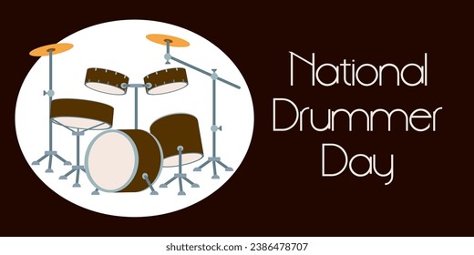 Drum set vector design. National Drummer Day. Drum kit flat style vector illustration, isolated elements. Percussion set with cymbals musical instruments. Poster, Card, Banner, Sticker template