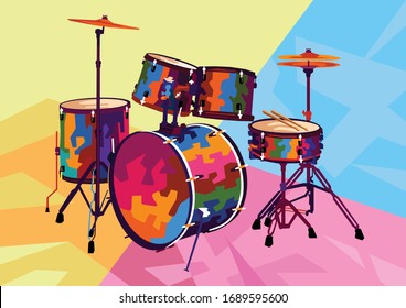 Drum in set in wpap pop art style for music activity background icon or image isolated